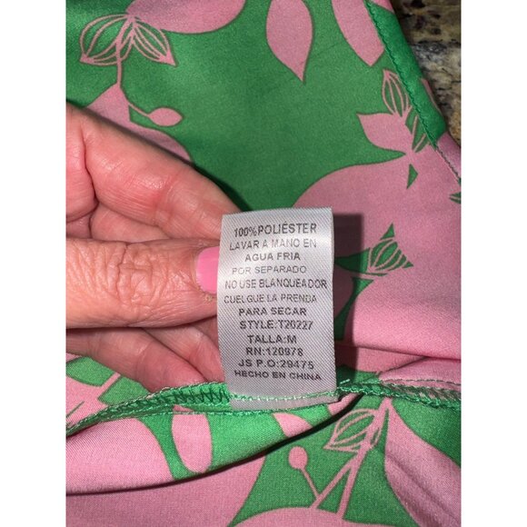 ENTRO Pink Green Floral Satin Tiered Babydoll Blouse Tassel Tie Back L Boho - Picture 6 of 10